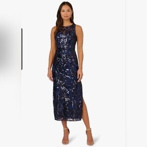 NWT Adrianna Papell Women's Navy Leaf Sequin Dress